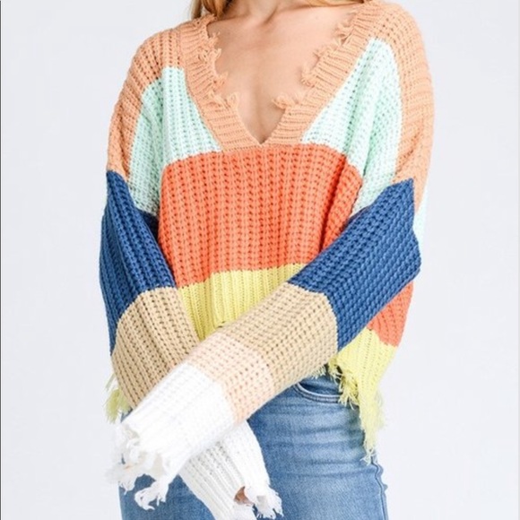 Sweaters - Distressed color block sweater